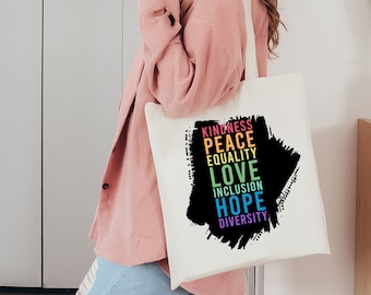 Kindness Peace Love Tote Bag, Equality Gift, Hope Diversity Be Kind Shoulder Bags, Funny Inclusion Matter Totes, Black Lives Matter Gifts