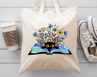 Floral Book Cat Tote Bag, Funny Reading Lover Gift, Bookish Kitty Mom Shoulder Canvas