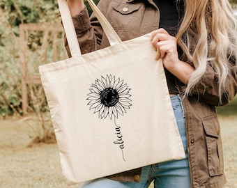 Personalized Sunflower Tote Bag, Custom Name Floral Gift Bag, Women Flower Tote, Cute Farm Shopping Bags, Botanical Gardener Shoulder Totes