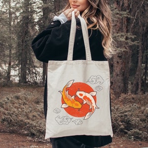Koi Fish Tote Bag, Koi Yin Yang Women Gift Bags, Japanese Street Shoulder Bag, Aesthetic Artwork Artist Totes, Luck of Japan, Art Lover Bag
