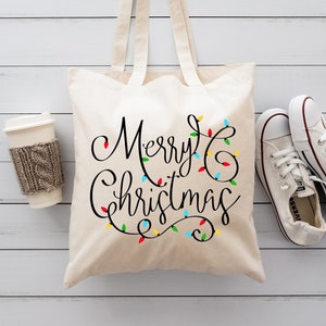 Merry Christmas Tote Bag, Christmas Lights Gift Bags, Funny Merry Christmas Lights Totes, Women&#39;s Christmas Lights Shoulder Bags,Holiday Bag