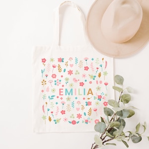 Personalized Floral Kids Tote Bag, Wildflowers Gift Bag, Custom Children&#39;s Name Shoulder Bag,Flower Newborn Mama Canvas Bags, Kid&#39;s Birthday