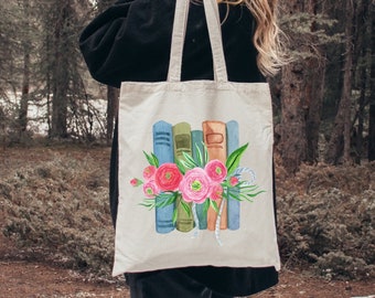 Floral Books Tote Bag, Book Lover Gift Shoulder Bag, Reading Teacher Totes, Librarian Gifts, Eco Friendly Student Tote, Flower Library Bags