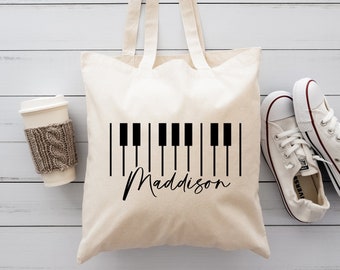 Personalized Piano Tote Bag, Custom Name Music Gift Bag, Piano Lesson Shoulder Bag, Eco Friendly Reusable Bags, Music Teacher Shopping Bag