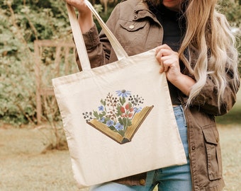 Floral Book Tote Bag, Library Tote, Bookworm Gift, Eco Friendly Student Tote, Teachers Gift, Book Lover Gift, Jumbo Canvas  Tote Bag