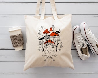 Mushroom froggy tote bag, Cute Frog Gift Bag, Animal Lover Shopping Bags, Vegetarian Shoulder Bag, Cottagecore Gifts Bag, Eco Friendly Bag