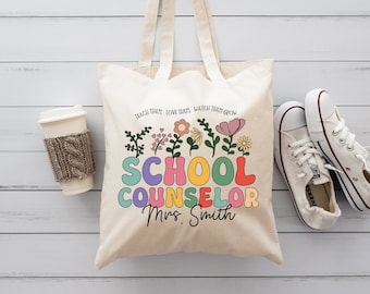 Custom Floral School Counselor Name Tote Bag, School Counselor Gift Totes, Gifts for School Therapist, Customized Counselors Shoulder Bags