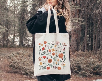Pressed Flowers Tote Bag, Cute Wildflowers Gift Bags, Boho