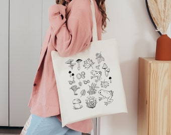 Mushrooms Tote Bag, Mushroom Plant Floral Gift Bag, Vintage Women Shoulder Bag, Aesthetic Cute Shopping Bag, Eco Friendly Grocery Bag