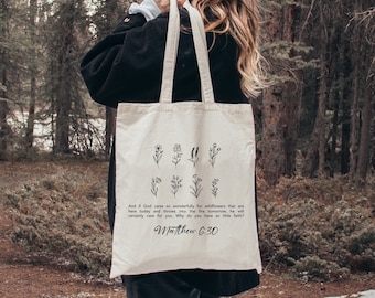 Wildflower Christian Tote Bag, Matthew 6:30 Bible Verse Bag, Faith Gift