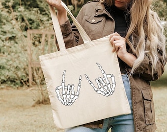 Rock On Skeleton Hands Tote Bag, Cute Halloween Gift, Funny Music Spooky Shoulder Canvas