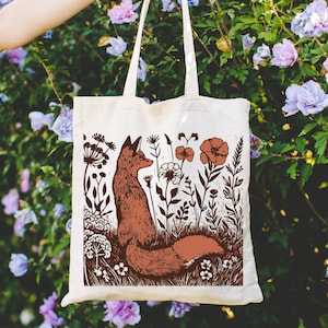 Cute Flower Fox Tote Bag, Animal Lover Gift Bag, Floral Animal Shoulder ...