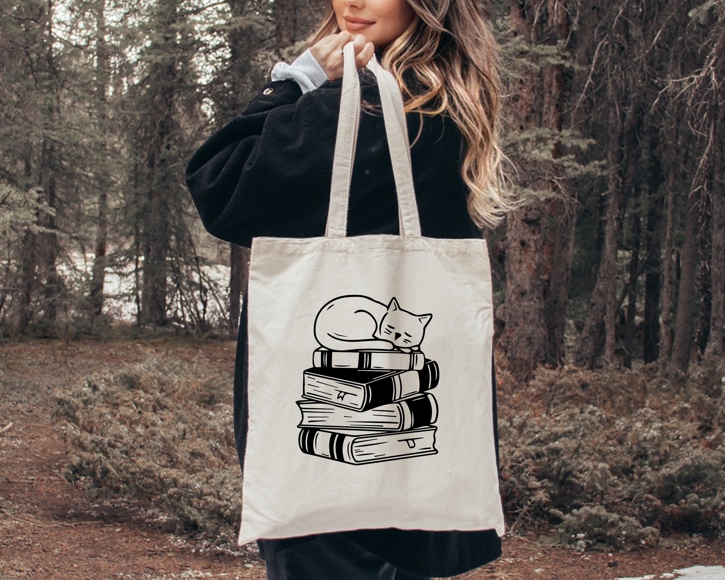 Canvas Book Tote Bag For Women – Just A Girl Who Loves Books & Cats, Large Shoulder Bag For Work, Travel, Grocery - View #6