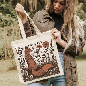 Cute Flower Fox Tote Bag, Animal Lover Gift Bag, Floral Animal Shoulder ...