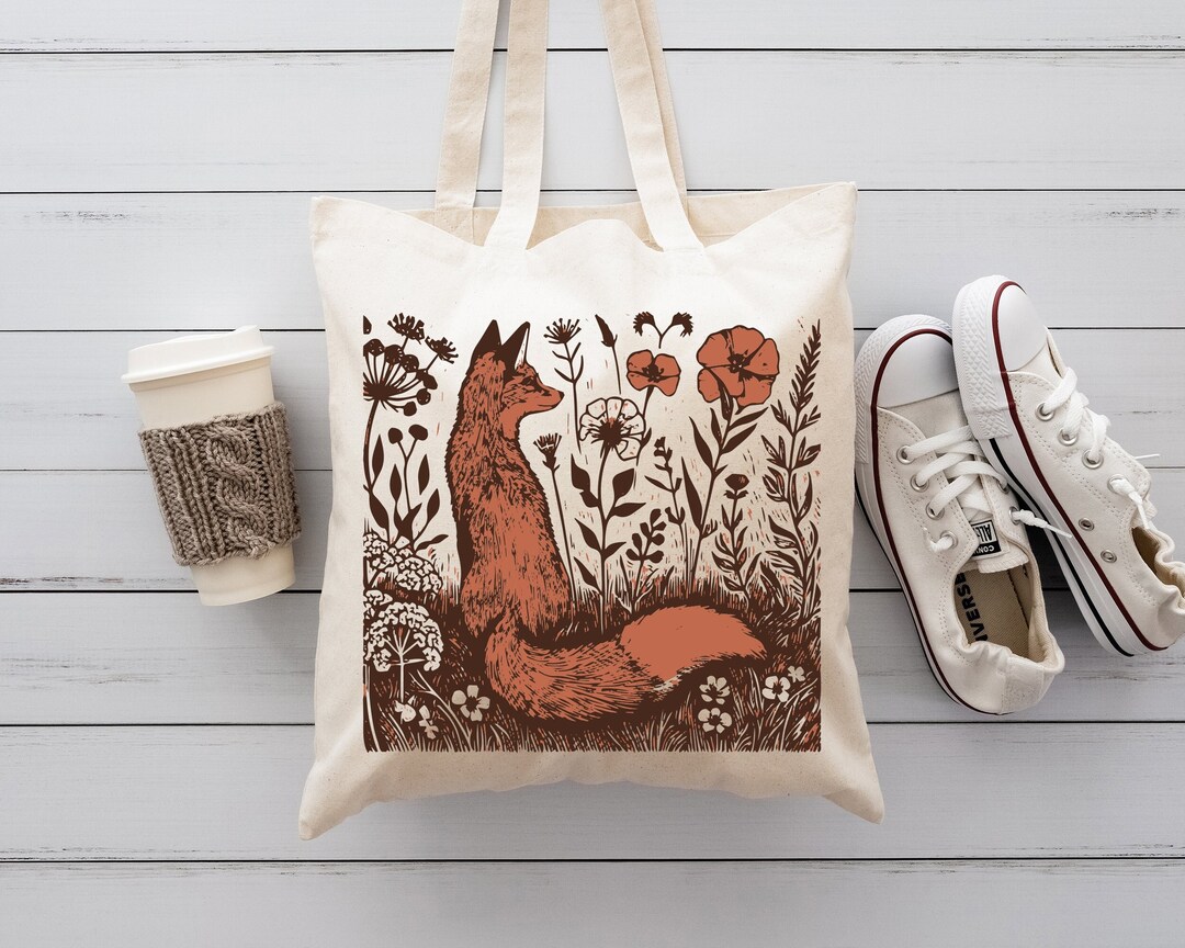 Cute Flower Fox Tote Bag, Animal Lover Gift Bag, Floral Animal Shoulder ...