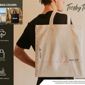 May include: A natural colour tote bag with 16 inch length and 15 inch width. The bag is made of 100% cotton canvas and has 22 inch self fabric handles. The bag folds flat. "Teesby Tailor" is written in the top right corner of the image.