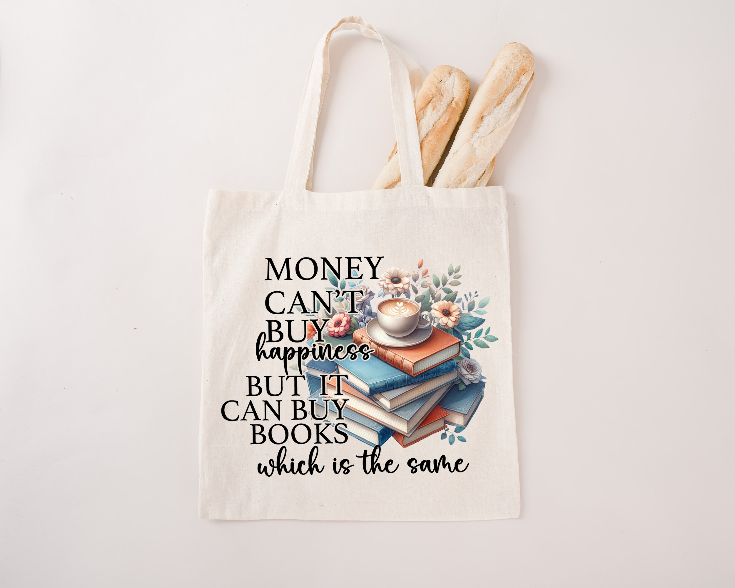 Book Tote Bag For Women - Money Can't Buy Happiness But It Can Buy Books Canvas Tote, Library Bag, Book Lover Gift, Reading Shoulder Bag