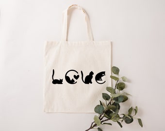 Love Cat Tote Bag, Funny Kitten Lover Gift, Cute Kitty Mom Mothers Day Shoulder Canvas