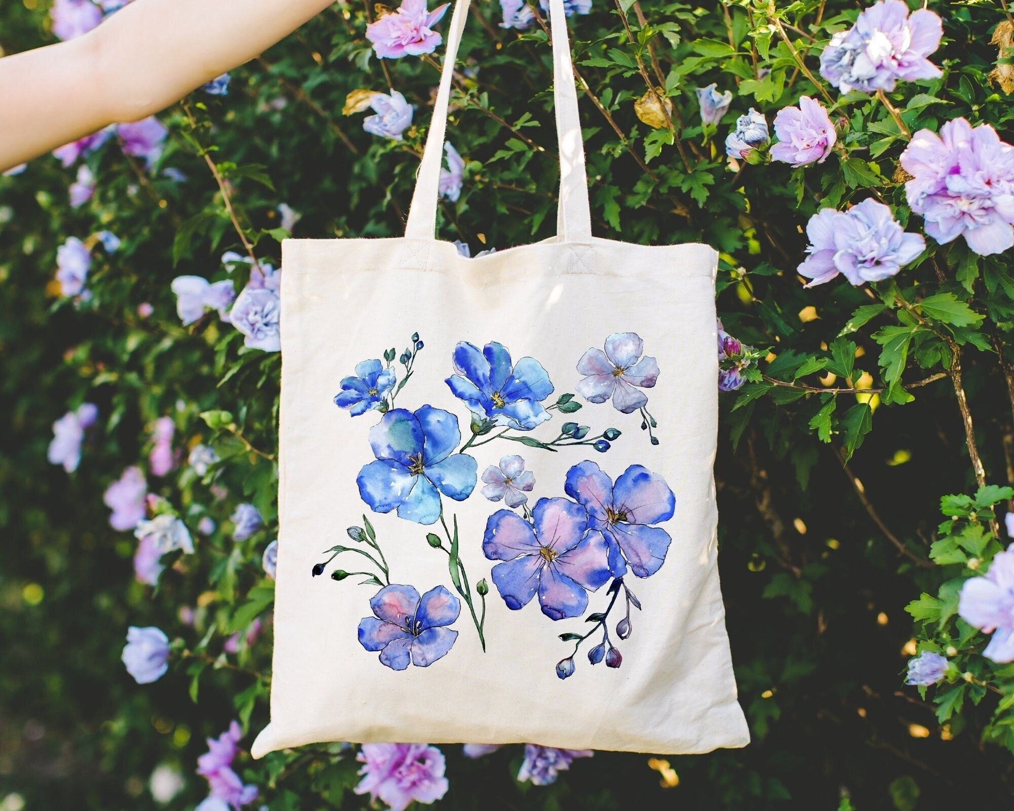 Blue Floral Tote Bag, Cute Wildflower Gift Totes, Flower Graphic Canvas Tote, Flowers Birthday Gifts Bag, Bridal Tote Bags, Library Book Bag
