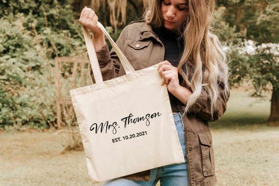 Mrs. Last Name Est Year Tote Bag Personalized Date Wedding Tote Bridal  Shower Gift Honeymoon Gift Customized Wedding Gift Bridesmaid Gift