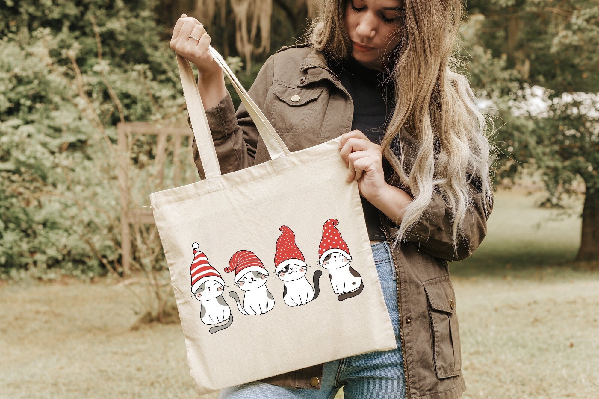 Cat Christmas Tote Bags - Reusable Grocery Bags For Cat Lovers, Cute Gift For Women, Cat Mom