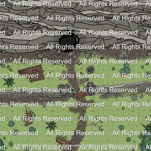 Puede incluir: Una ilustración digital de un mapa de fantasía con una cuadrícula superpuesta. El mapa presenta un acantilado rocoso, un río y un pequeño bosque con árboles y un edificio de madera. El texto "Todos los derechos reservados" aparece en todo el mapa.