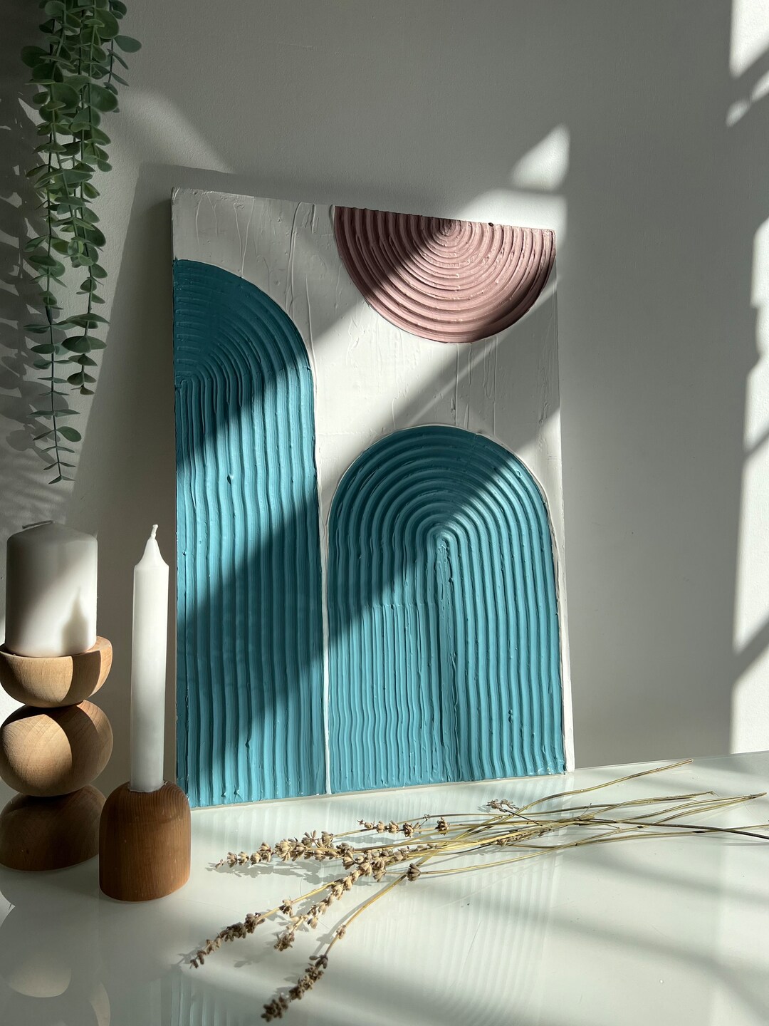 Rainbow Textured Plaster Art, Arched Textured Abstract Plaster Painting