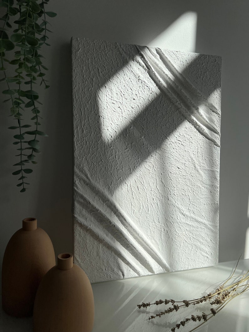 White Fabric Textured Painting Wall Art, Textured Abstract Plaster Painting, Minimalist Neutral