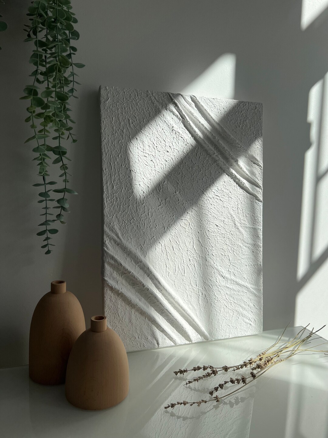 White Fabric Textured Painting Wall Art, Textured Abstract Plaster Painting, Minimalist Neutral