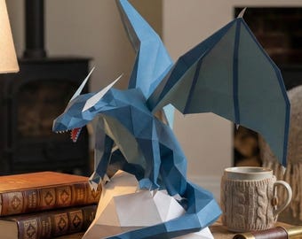 Blue Water Dragon Papercraft Template | Low Poly 3D Paper Dragon Sculpture | Printable PDF