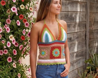 Crochet Petunia Halter Top Pattern PDF | Boho Granny Square Crop Top | Summer Festival Top | Instant Download