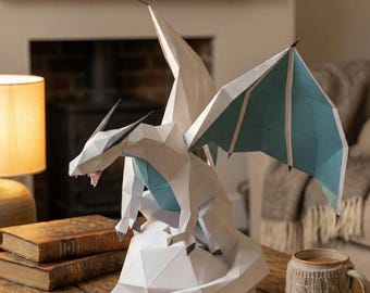Ice Dragon Papercraft Template | Low Poly 3D Paper White Dragon Sculpture | Printable PDF