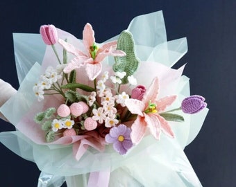 Crochet Flower Bouquet Template: Strawberries, Big Leaf, Forget-Me-Not, Lily, Tulip (Wrapping Not Included)