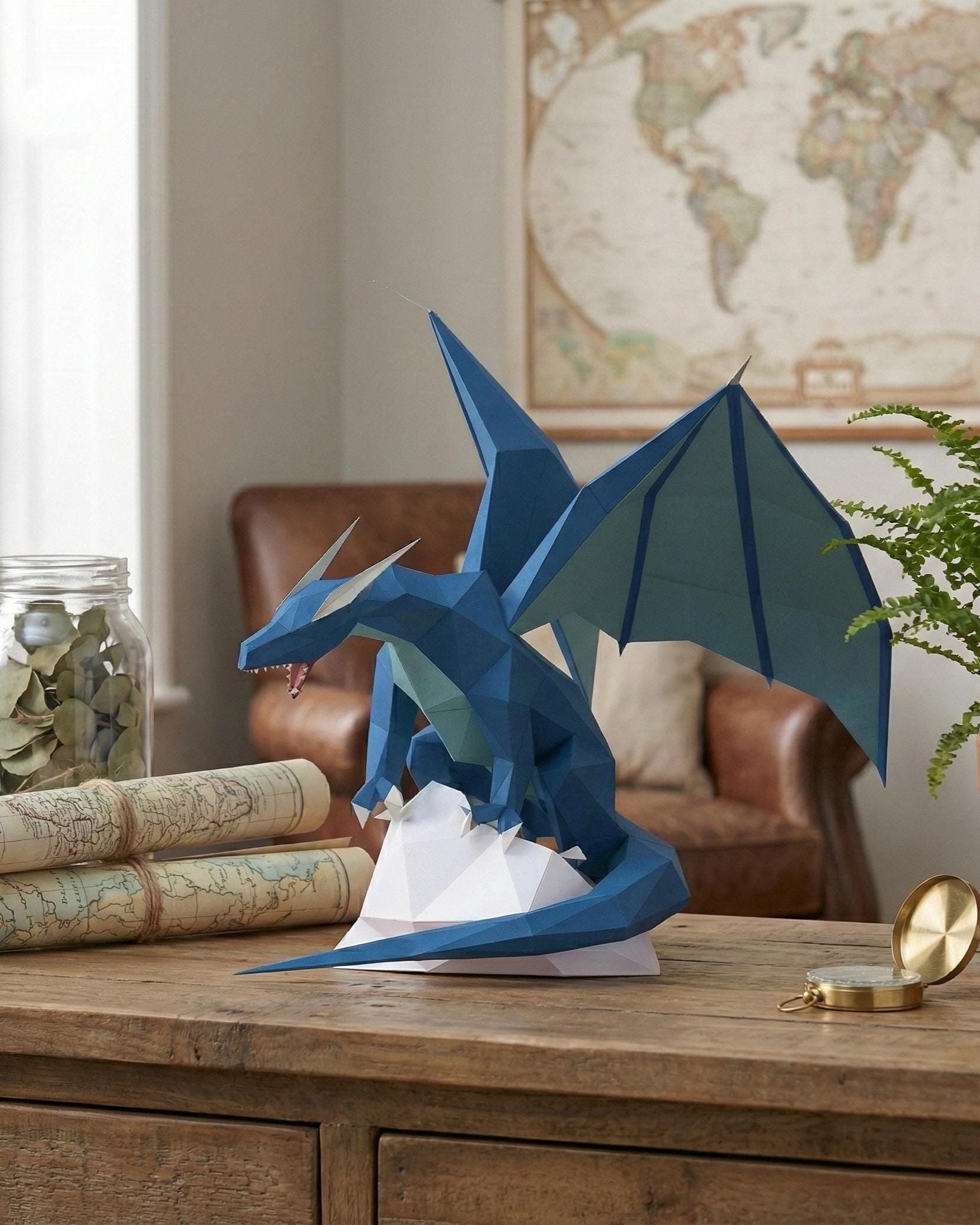 Paper Dragon Float R Low Poly Blue Water Dragon Papercraft Template | DIY 3D Sculpture (PDF ...