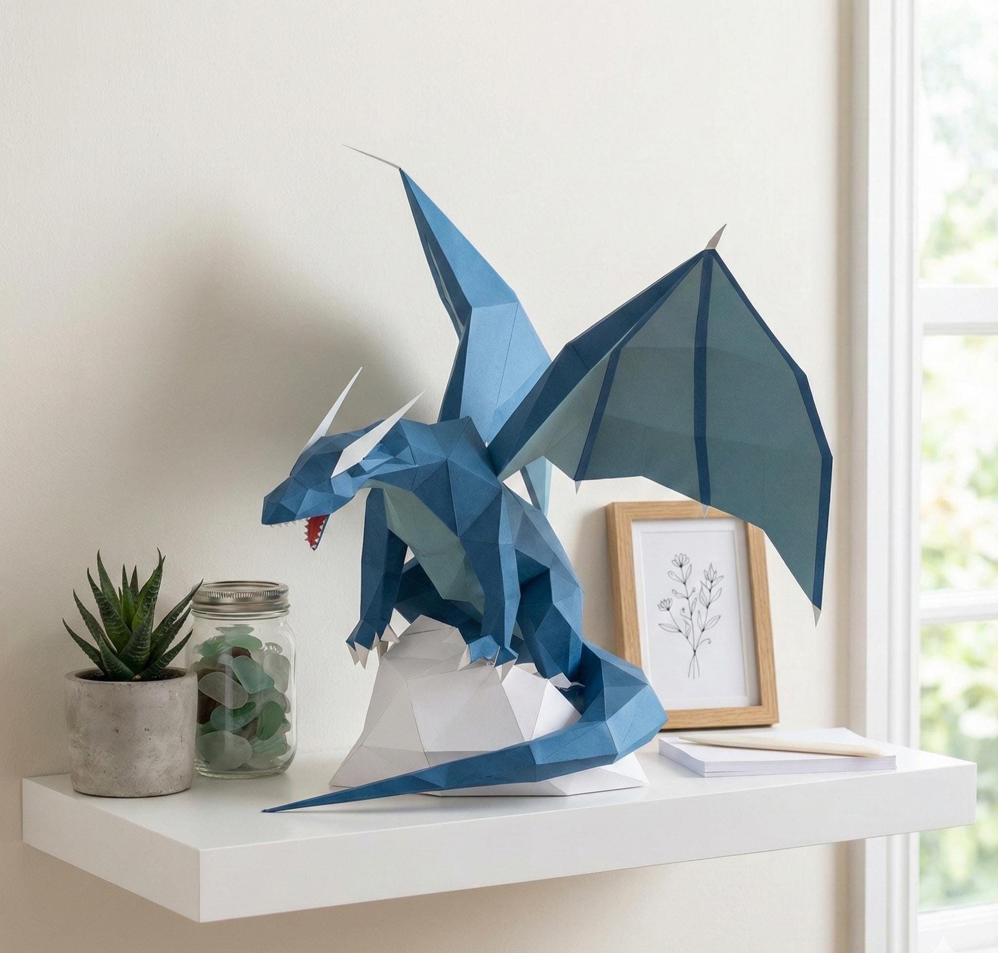 Paper Dragon Float R Low Poly Blue Water Dragon Papercraft Template | DIY 3D Sculpture (PDF ...