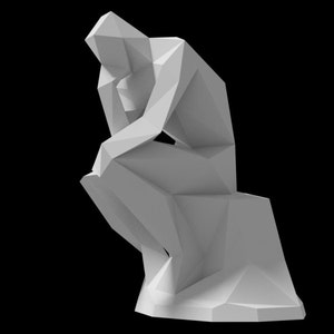 May include: A white, geometric sculpture of a person sitting with their head in their hand, in a contemplative pose. The sculpture is made of many triangles and has a modern, abstract style.