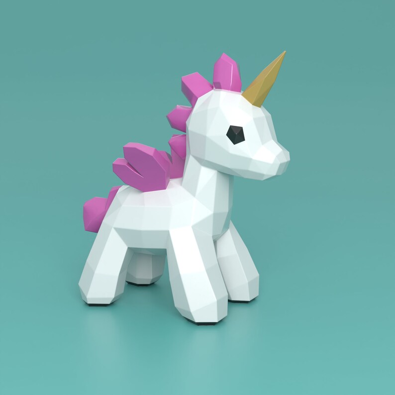 May include: A white origami unicorn with pink wings and a gold horn. The unicorn is standing on a turquoise background.