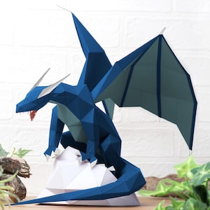 Papercraft Low Poly Dragon Template Digital Pattern | DIY Printable Paper Dragon | Low Poly Dragon Design for Craft | Blue-Water