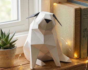 Papercraft witte mopshond: digitaal hondenpatroon doe-het-zelf - maak je eigen schattige metgezel