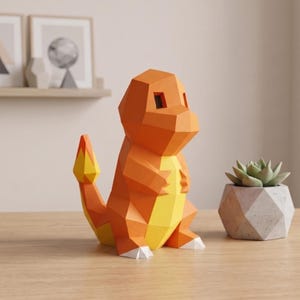 Patrón PDF de Charmander en papel de baja poligonalidad / Kit de bricolaje de Pokémon en papel 3D / Escultura de personaje imprimible / Descarga instantánea