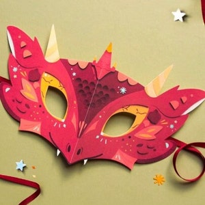 Modello di maschera di drago in carta / Modello digitale fai da te per Halloween - Feste in maschera / Modello di maschera di carta 3D stampabile / Download immediato