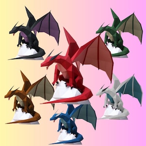 Papercraft laag poly draken sjablonen bundel digitale patronen | DIY afdrukbare papieren draken | Laag poly drakenontwerp voor ambacht | Kunstproject
