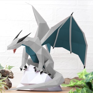 Papercraft Low Poly Dragon Template Digital Pattern | DIY Printable Paper Dragon | Low Poly Dragon Design for Craft | White-Frost-Ice