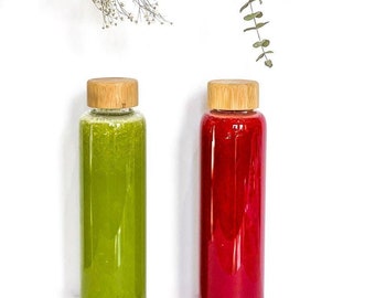 Handmade Glass Bottle with Bamboo Lid for Juice Storage or To Go Beverages - 17 oz