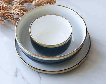 Handmade Blue Ceramic Bowl, Gold Rim Porcelain Dinnerware (7.4 inch)