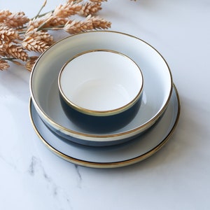 Blue Ceramic Bowl, Blue and White Bowl, Modern Dinnerware, Gold Rim Bowl, Soup Bowl, Minimalist - 7.4 inch