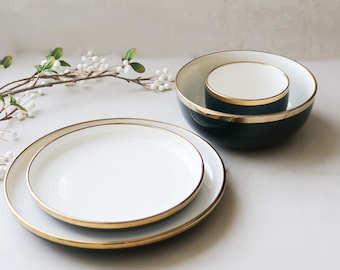 Handmade Blue Ceramic Plate,  Blue and White Plate, Modern Dinnerware, White Plates, Gold Rim Plates, Salad Plate, Minimalist Design- 8 inch