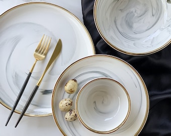 Luxury Ceramic Marble Design Dinnerware with Gold Rim - Four Piece Set (2 plates + 2 bowls)