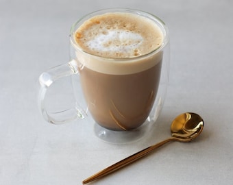 Handmade Double Wall Glass Cup with Handle - Heat Resistant Insulated Matcha Latte, Espresso, Coffee & Tea Mug 9 oz