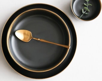 Black and Gold Ceramic Bowl, Modern Dinnerware, Outdoor Dining, Black Bowl, Gold Rim Plates, Soup Bowl, Minimalist - 7.4 inch